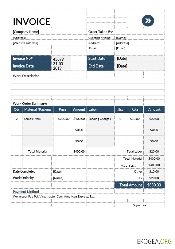 Modèle de facture d'entreprise de déménagement